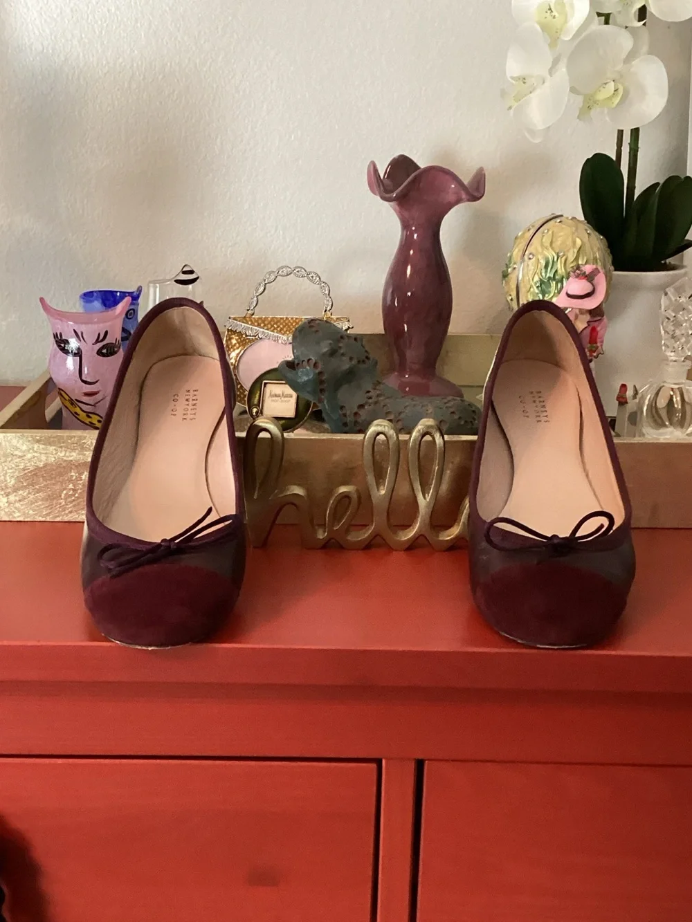 Barneys New York CO-OP Burgundy Ballet Flats with Mint Heel Accent